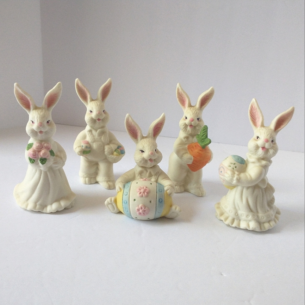 Vintage Bisque Ceramic Easter Bunny Figurine Set